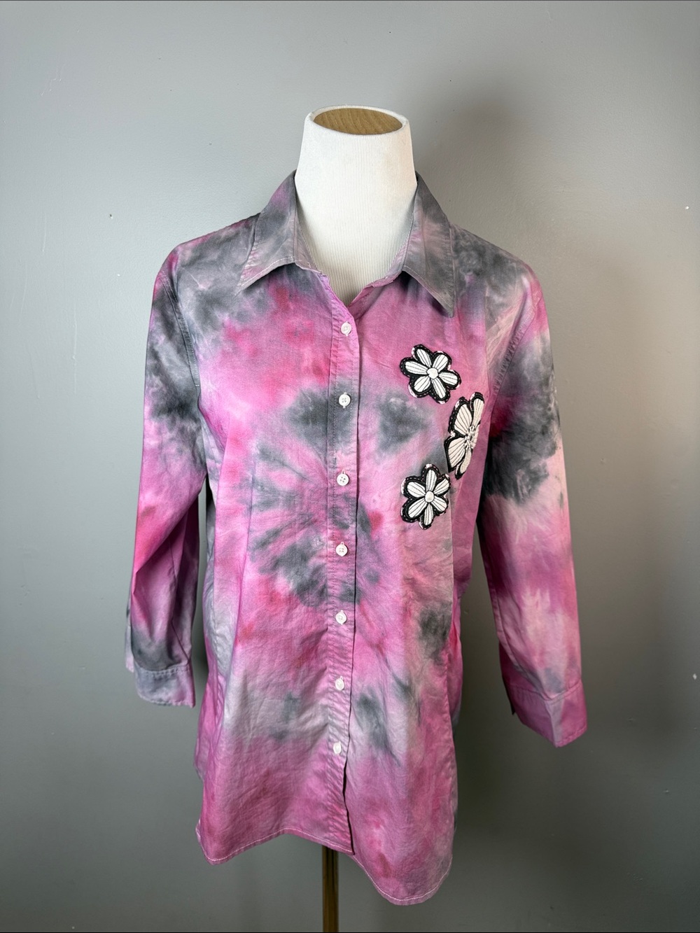 Pink & Gray Tie-Dye Button-Up Shirt with Floral Appliqués
